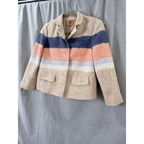 Tory Burch Striped Tweed Cropped Blazer Size 2 Neutral Multi Summer‎ Workwear - Picture 8 of 12
